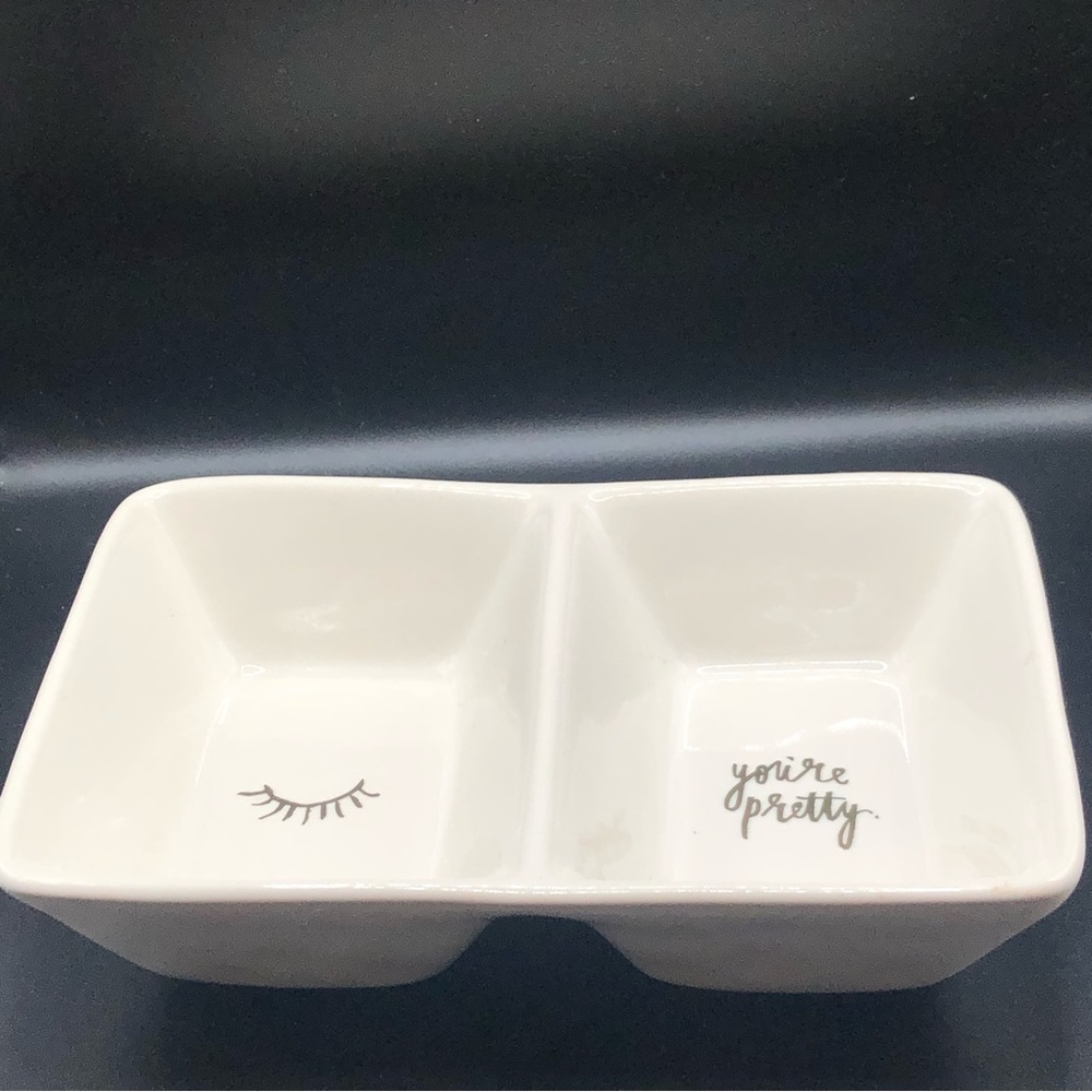 Rae Dunn White Ceramic Double Dish with Eyelash and "You're Pretty" Design